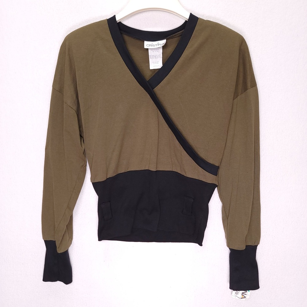 Cristina Vintage 80s Colorblock Wrap Surplice Top Olive Green Black Medium NWT